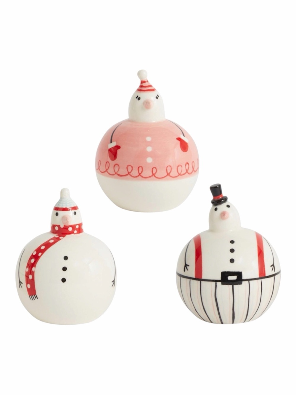 Trio of Round Ceramic Snowmen Figurine Family Winter Snow Friends NWT